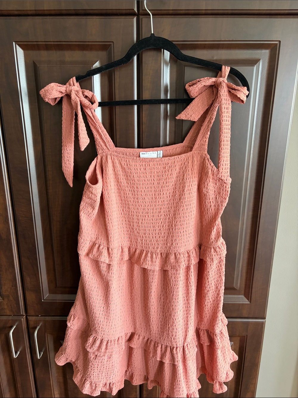 ASOS Tie-Shoulder Ruffled Mini Dress in Dusty Coral